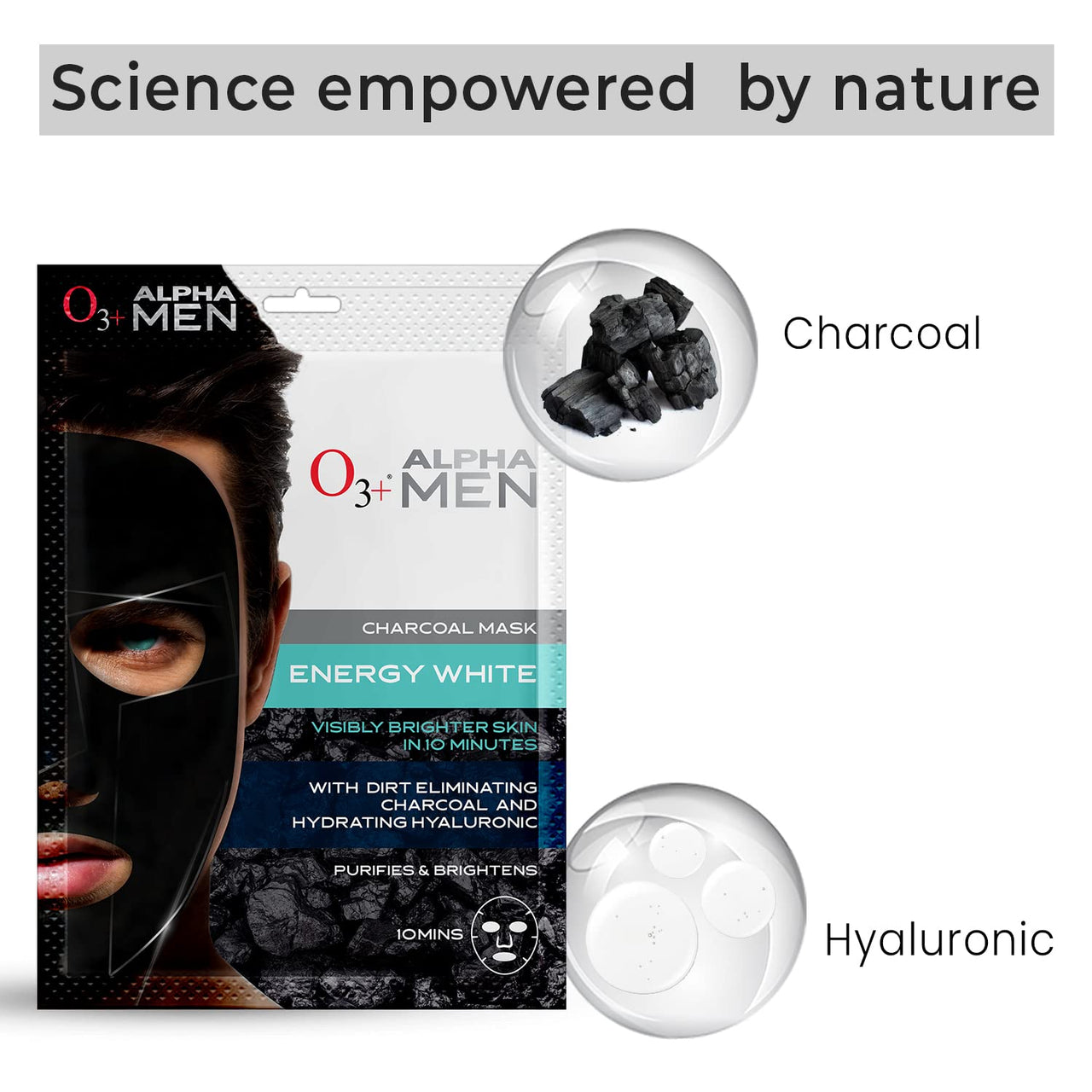 O3+ ALPHA MEN Energy White Charcoal Face Sheet Mask 30g with Charcoal & Hydrating Hyaluronic to Purify & Brighten Skin & O3+ Facialist Radiant Face Sheet Mask (30g) Combo