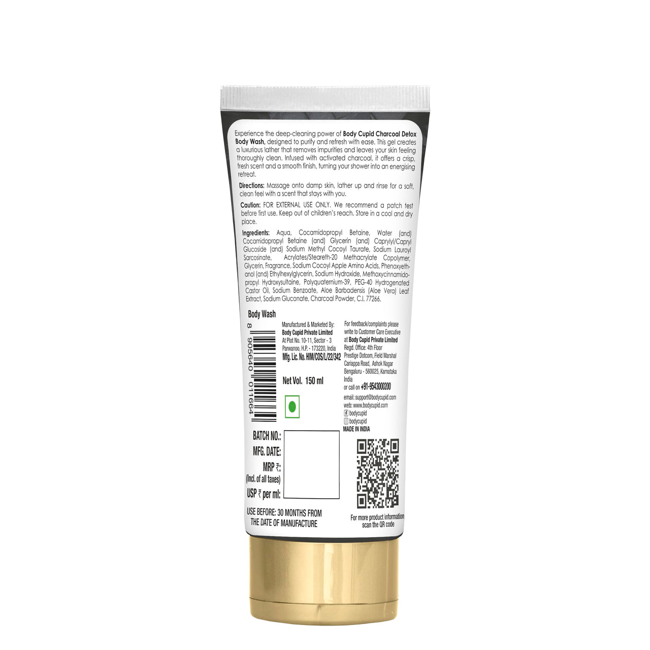 Body Cupid Charcoal Detox Body Wash | Deep Cleansing & Purifying | No Parabens, Sulphates or Silicones | Luxury Shower Gel | 150ml