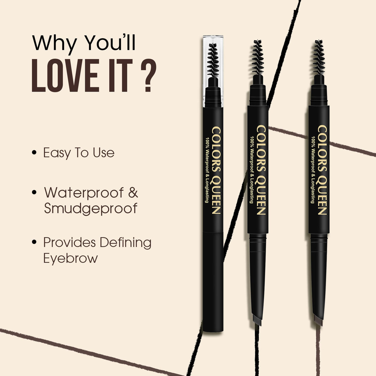 Colors Queen Brow Master Eyebrow Definer Pencil with Spoolie | Natural Looking Brows | Smudge Proof, Waterproof and Long Lasting Eyebrow Pencil (Black, 0.4g)