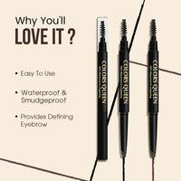 Colors Queen Brow Master Eyebrow Definer Pencil with Spoolie | Natural Looking Brows | Smudge Proof, Waterproof and Long Lasting Eyebrow Pencil (Black, 0.4g)