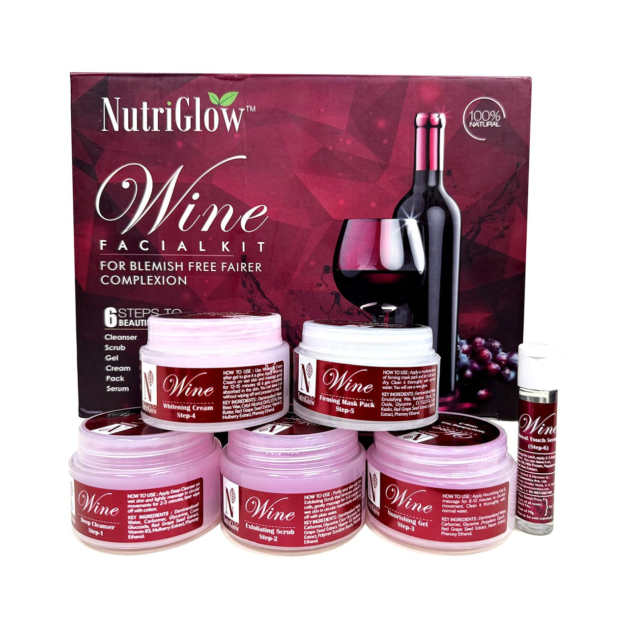 NutriGlow Wine Facial Kit for Women – 5-Step Skincare Routine for Radiant-Looking Skin, Helps Restore Skin’s Natural Nutrients and Improve Appearance of Pigmentation – Suitable for All Skin Types, 250g + 10ml