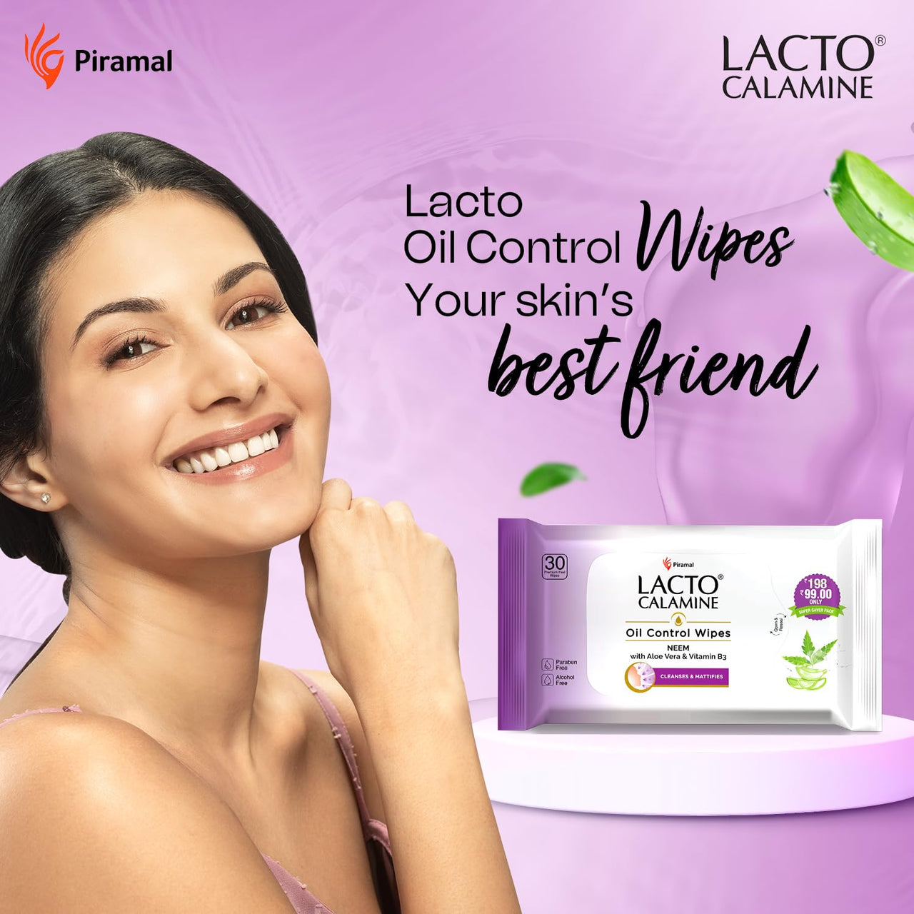 Lacto Calamine Oil Control Face Wipes | 30 N each- Pack of 4 | Wet Wipes for Face With Neem, Aloe Vera & Niacinamide | Makeup Remover Wipes | Hydrating, Refreshing, Soothing | Pararben & Alcohol Free