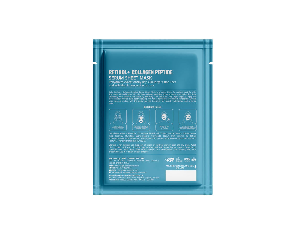 BAKE Retinol + Collagen Peptide Serum Sheet Mask for Anti Aging & Skin Rejuvenation | With Squalane, Rosehip Oil | Paraben Free, 100% Biodegradale Mask | Pack of 2