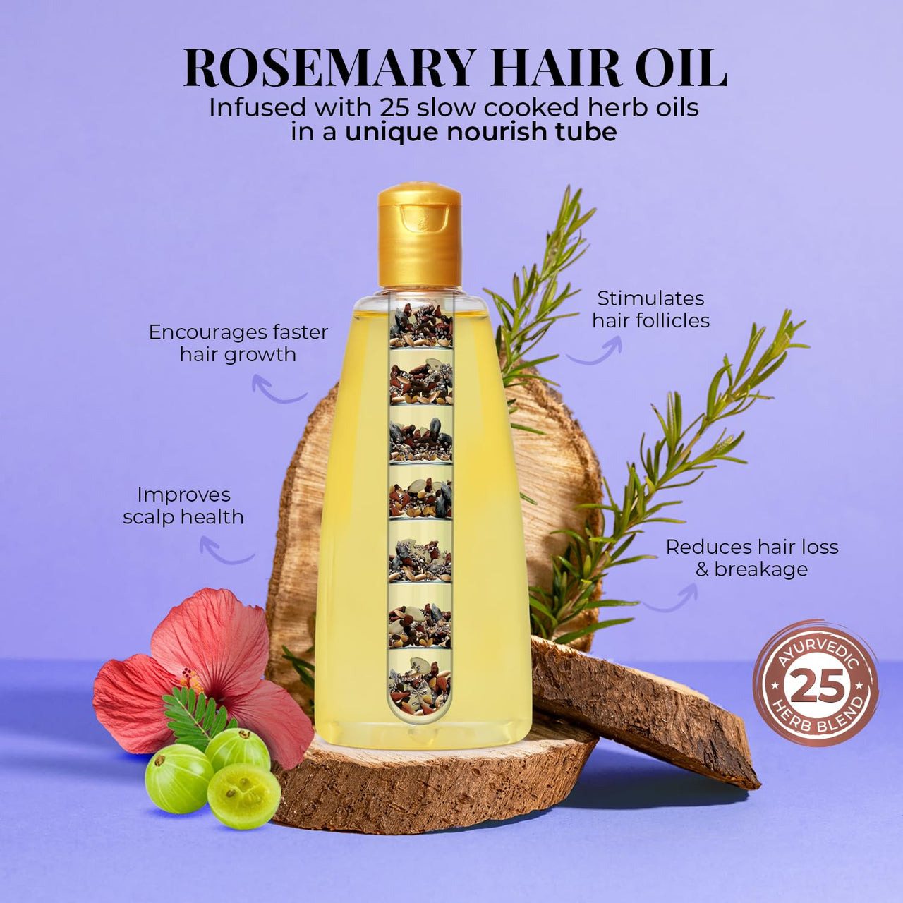 Just Herbs Rosemary Hair Oil | For Hair Growth | Hair Fall Control | Scalp Health | Hair Follicles Ideal for Regular Use and Suitable for All Hair Types | Men & Women 180ml