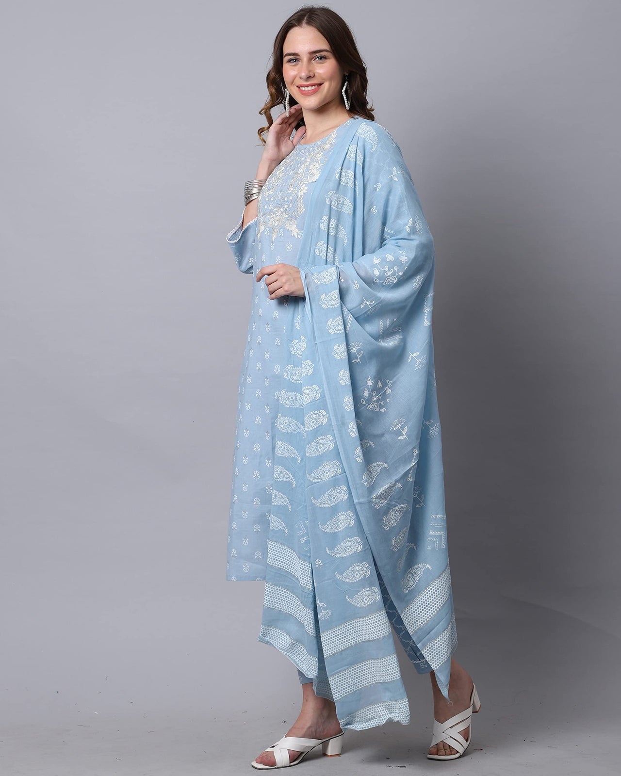 Rajnandini Women's  Sky Blue Pure Cambric Cotton Jaipuri Printed & Embroidered Kurta Set With Dupatta (JOPLJPR824-P)