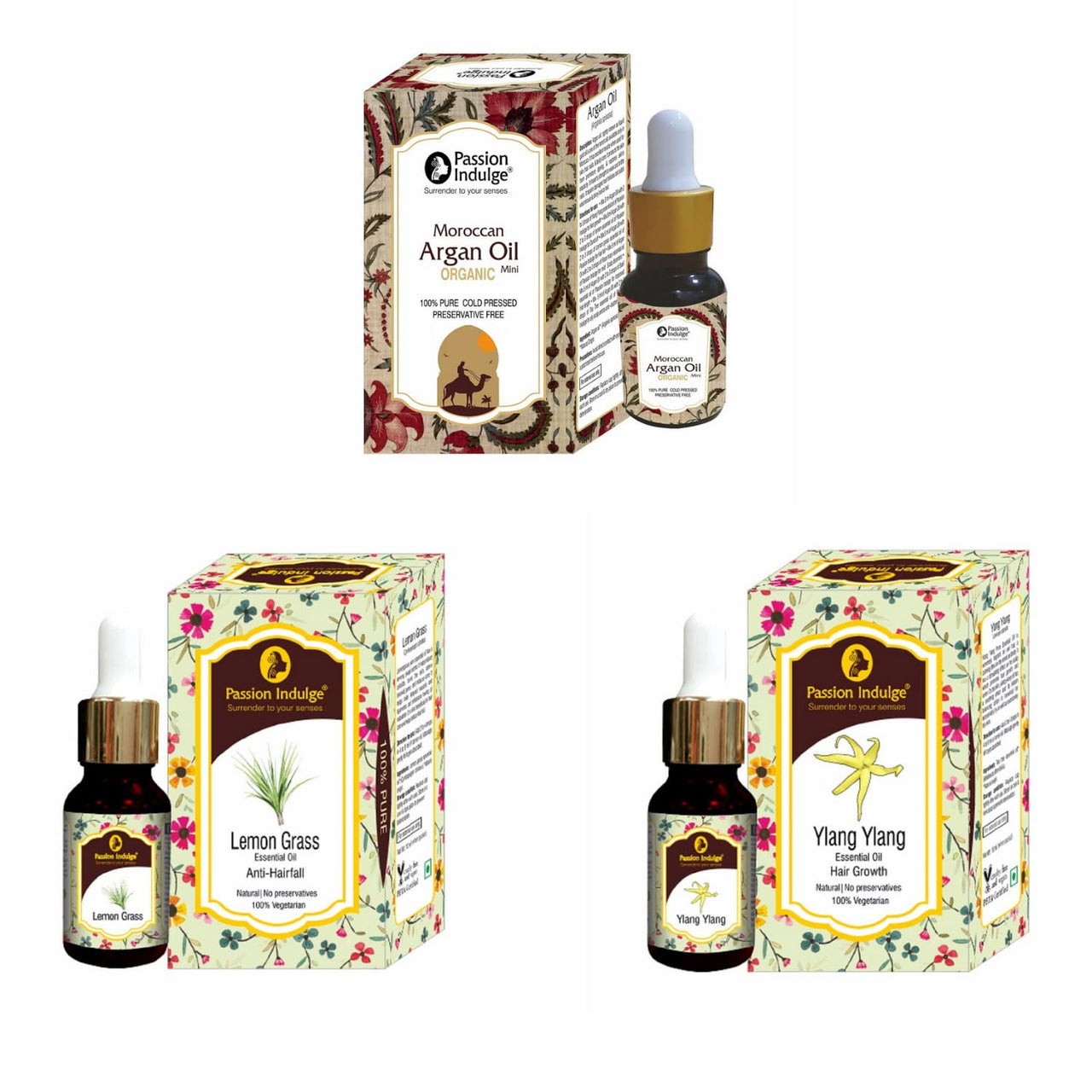 Passion Indulge Natural Hair Fall Control Kit- Argan oil | Ylang Ylang Oil | Free Lemon Grass Oil With Moroccan, Ylang Ylang & Lemon Extract | Combo Pack | (Each 10ml) - Pack of 3