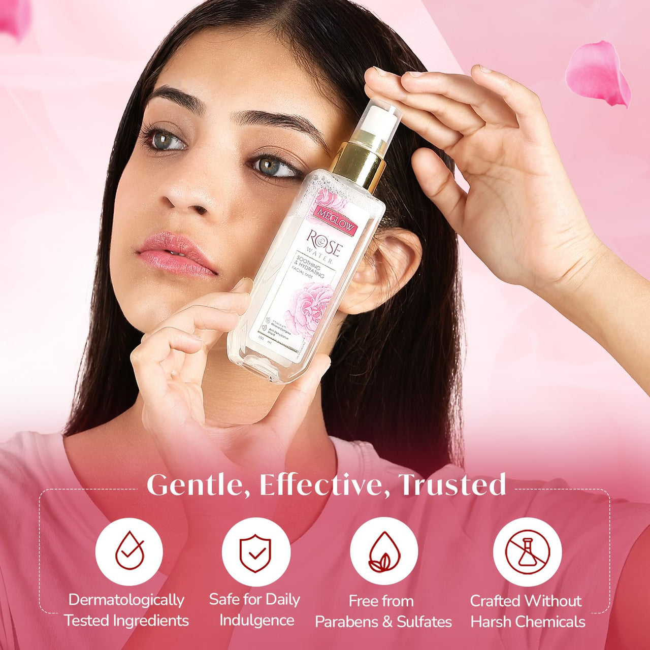 Meglow Pure & Natural Rose Water Spray- 100ml | Hydrating Face Mist | Alcohol & Paraben Free | Natural Toner & Makeup Remover | Tightens Open Pores | For All Skin Types (Men & Women)