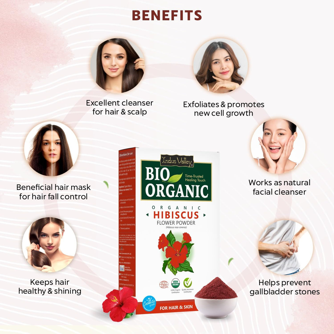 INDUS VALLEY Bhringraj Powder | Eclipta alba With Hibiscus Powder | Hibiscus rosa-sinensis - For Hair and Skin Care (100g +100 g=200g)