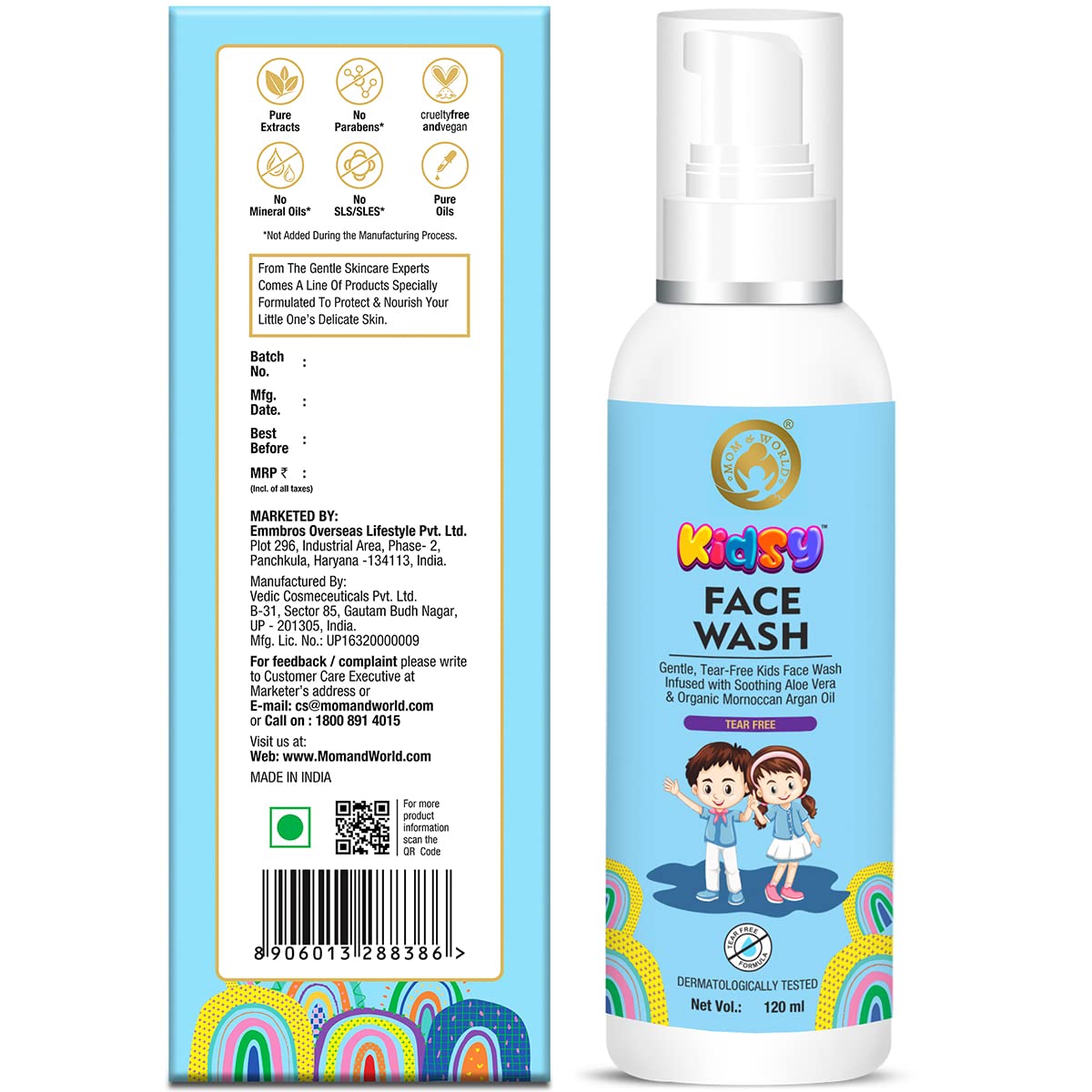 Mom & World Kidsy Face Wash Tear Free, 120ml (No SLS, Paraben) - With Argan OIl, Aloevera