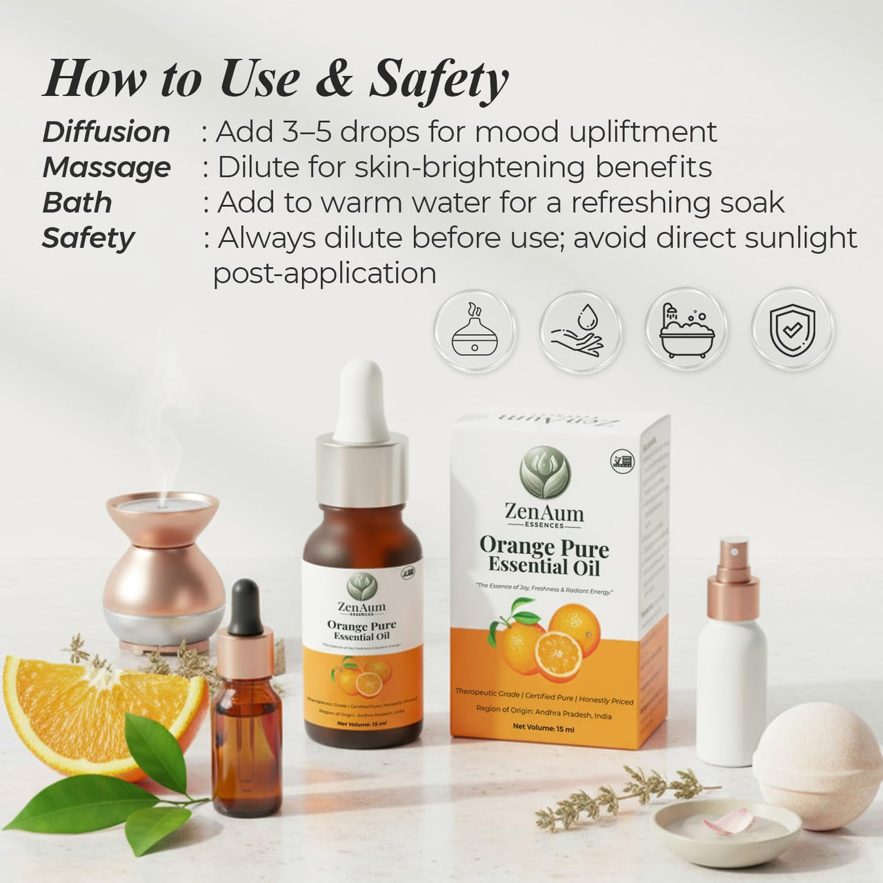 Zenaum Essences 100% Natural Orange Therapeutic Grade Essential Oil | 15ml (Pack of 2)| Mood Uplifting, Skin Brightening & Aromatherapy Sourced from Andhra Pradesh, India | GMP, ISO & IFRA Certified