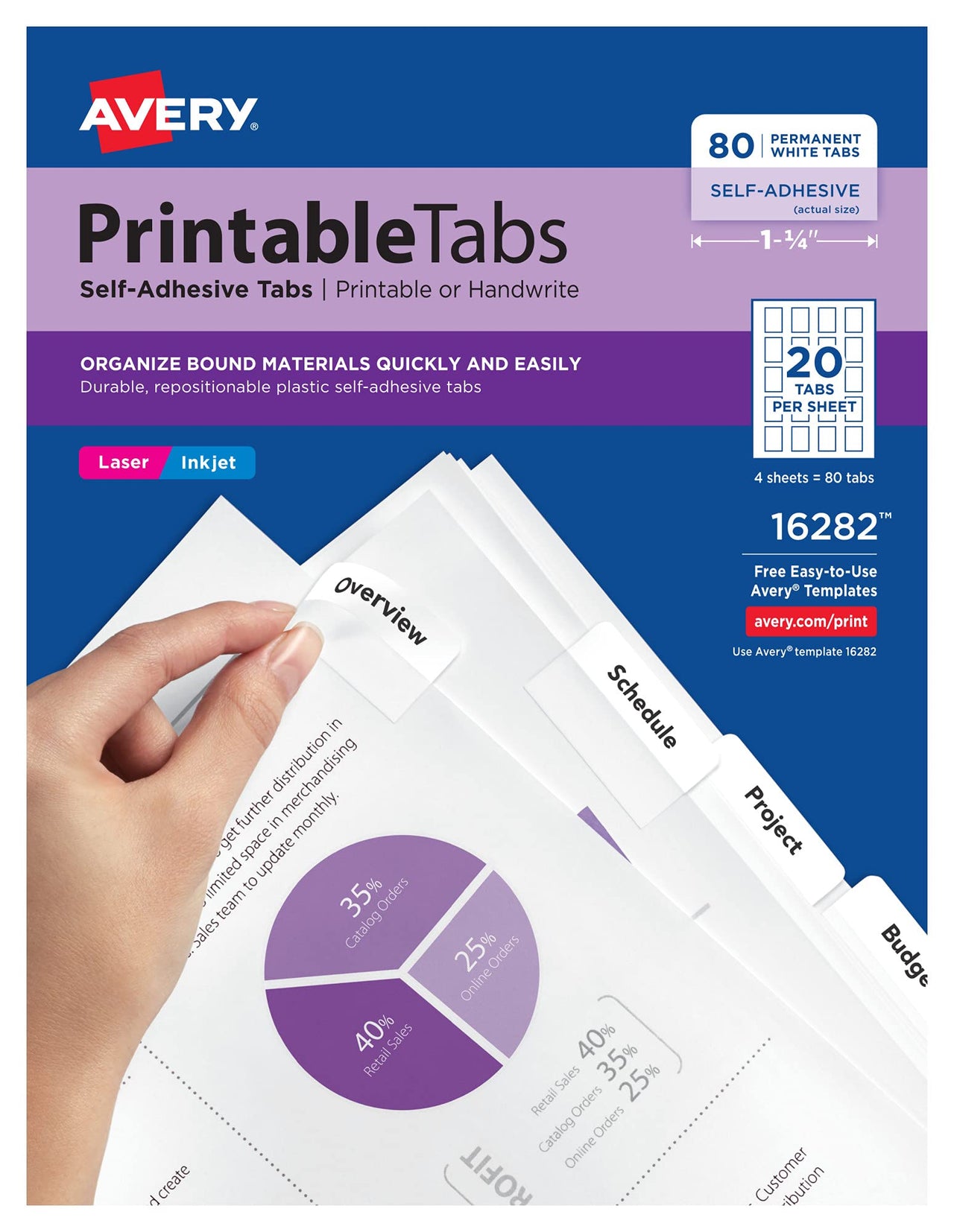 Avery Printable Self-Adhesive Plastic Tabs, 1-3/4", Repositionable Adhesive, White, Pack of 80 (16282)