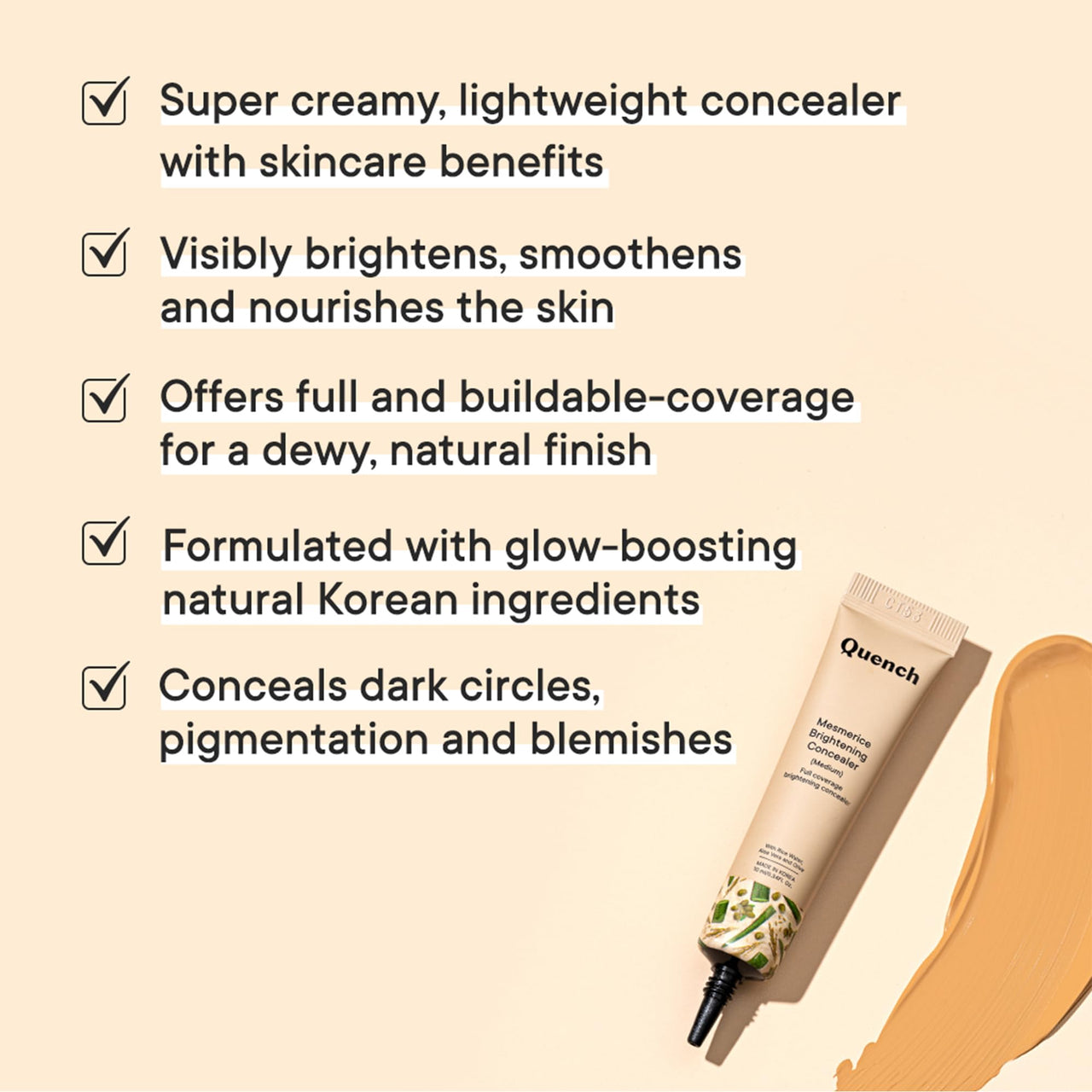 QUENCH BOTANICS Brightening Natural Cream Concealer With Rice Water & Aloe Vera | For All Skin Types Conceals Dark Circles & Brightens Under Eyes | Made In Korea (Medium), 10Ml