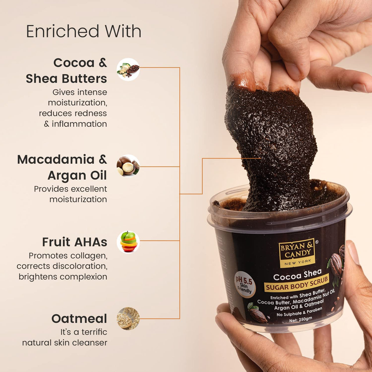 Bryan & Candy Sugar Body Scrub PH 5.5 For Tan Removal & Exfoliation | For Women & Men | 250g (Cocoa Shea)