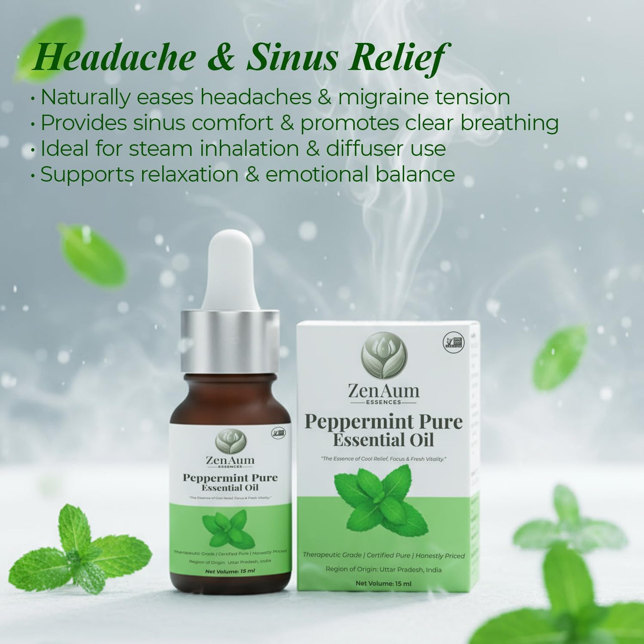Zenaum Essences 100% Natural Peppermint Therapeutic Grade Essential Oil | 45ml (Pack of 3)| Headache & Sinus Relief, Mental Clarity & Aromatherapy | Sourced from India | GMP, ISO & IFRA Certified