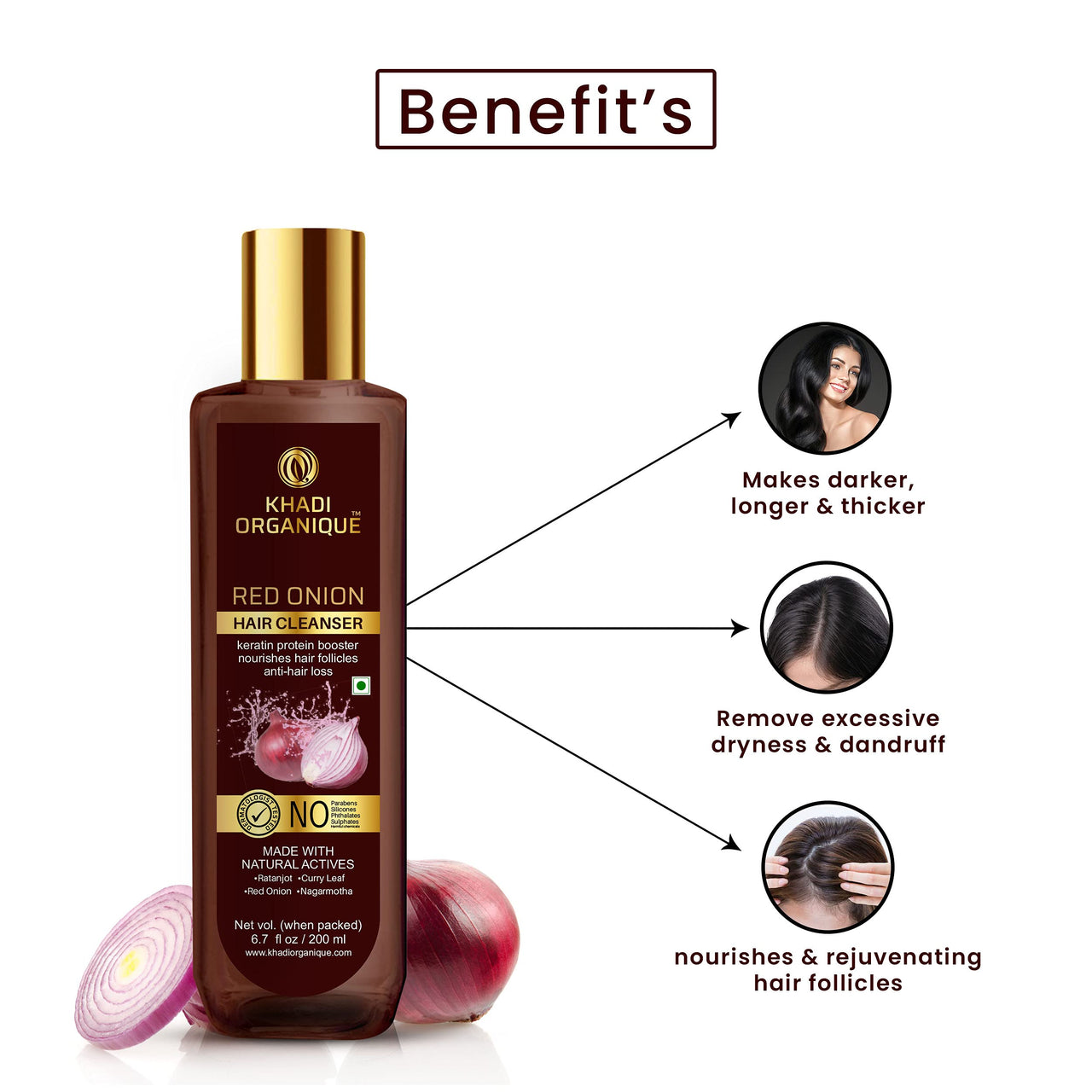 Khadi Organique Red Onion Shampoo & Hair Conditioner Combo for Natural Hair Growth, Hair Fall & Dandruff Control | Strengthen & Soften Hair with Silky & Shiny Appearance | SLS & Paraben Free - Pack of 2 - 2x200ml