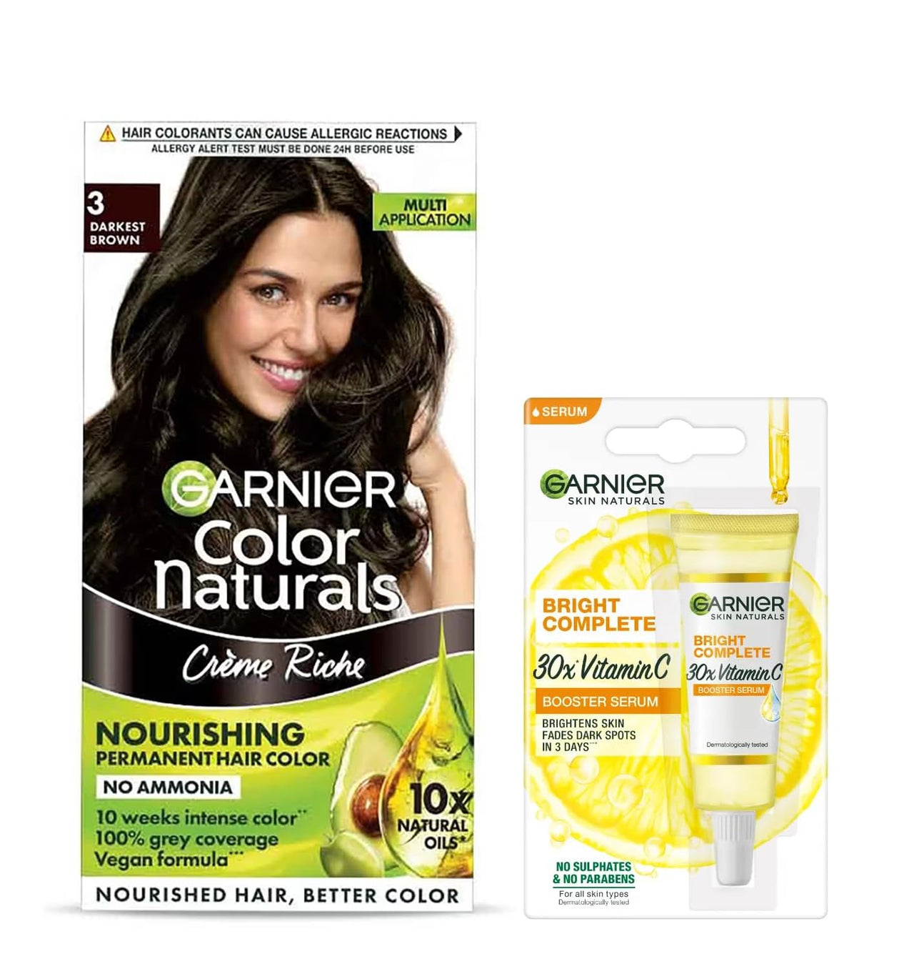Garnier Color Naturals Creme Hair Color - Shade 3 Darkest Brown (70ml + 60g) + Bright Complete Vitamin C serum 7ml (2 ITEM IN SET)