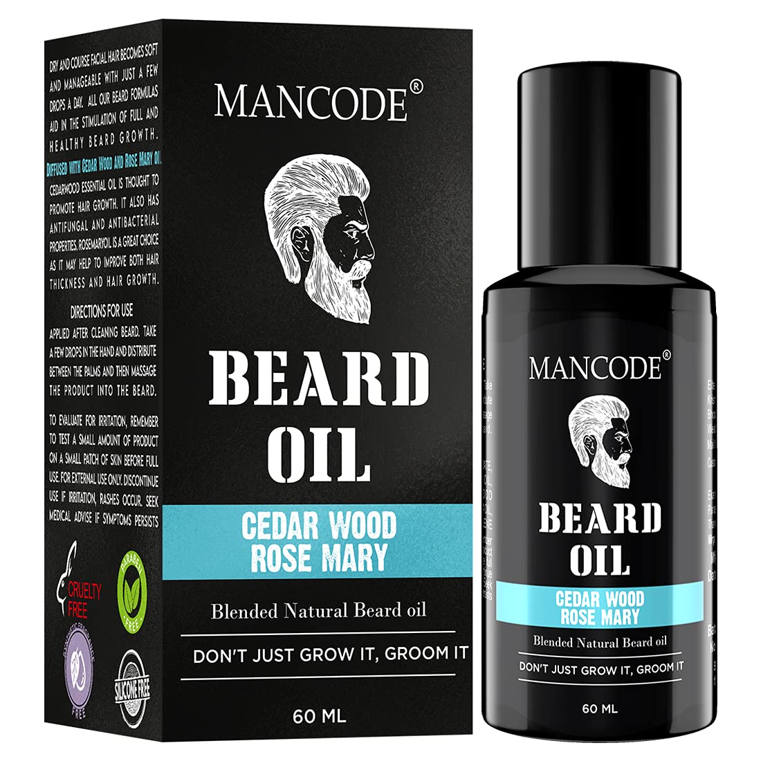 Mancode Beard Growth Oil for Men - 60ml More Beard Growth, With Cedarwood & Rose Mary Natural Oils including Vitamin E, Nourishment & Strengthening, No Harmful Chemicals