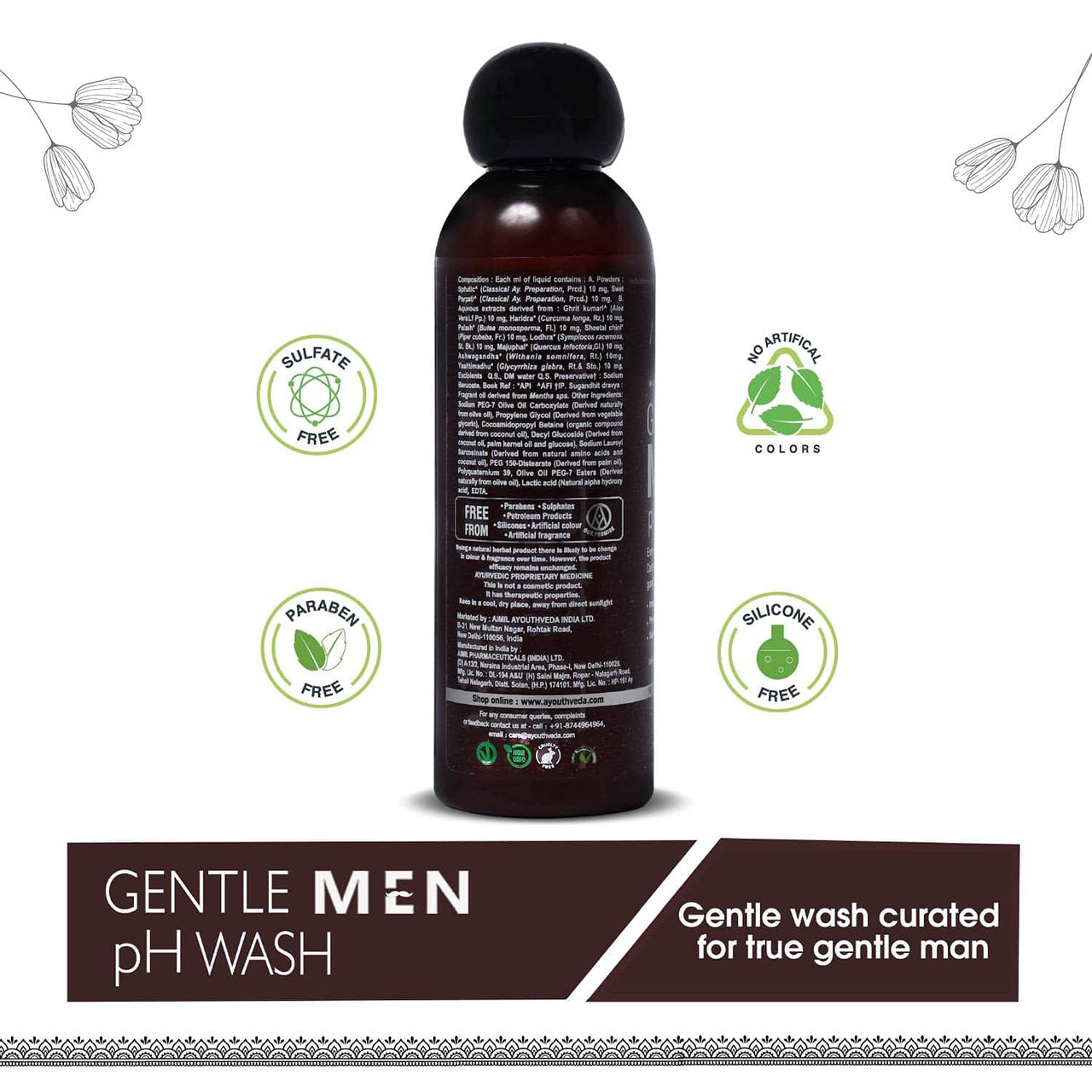 Ayouthveda Gentlemen PH Wash | Intimate Hygiene Wash For Men | PH Balancing Formula, Prevents Dryness, Itchiness & Bad Odor | Enriched With Aloe Vera, Haridra & Ashwagandha (Pack Of 3-180ml each)