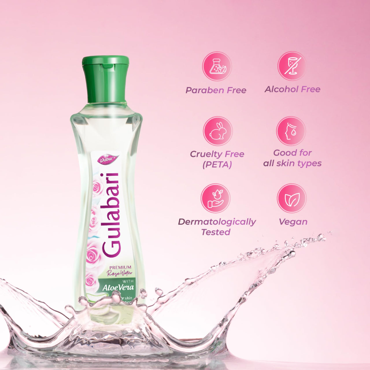 Dabur Gulabari Premium Rose Water with Aloe Vera - 400 ml | Upto 8 HR Skin Hydration | Cleanses, Tones and Moisturises Skin | For All Skin Types