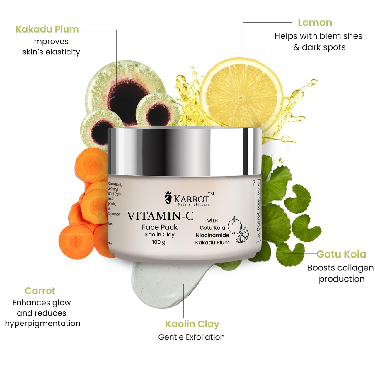 Karrot Natural Skincare Vitamin C Face Mask for Glowing Skin, Facial Cream Pack for Dark Spots and Uneven Tone, Contains Kakadu Plum and Hyaluronic Acid, For Women and Men, All Skin Types, 100gms