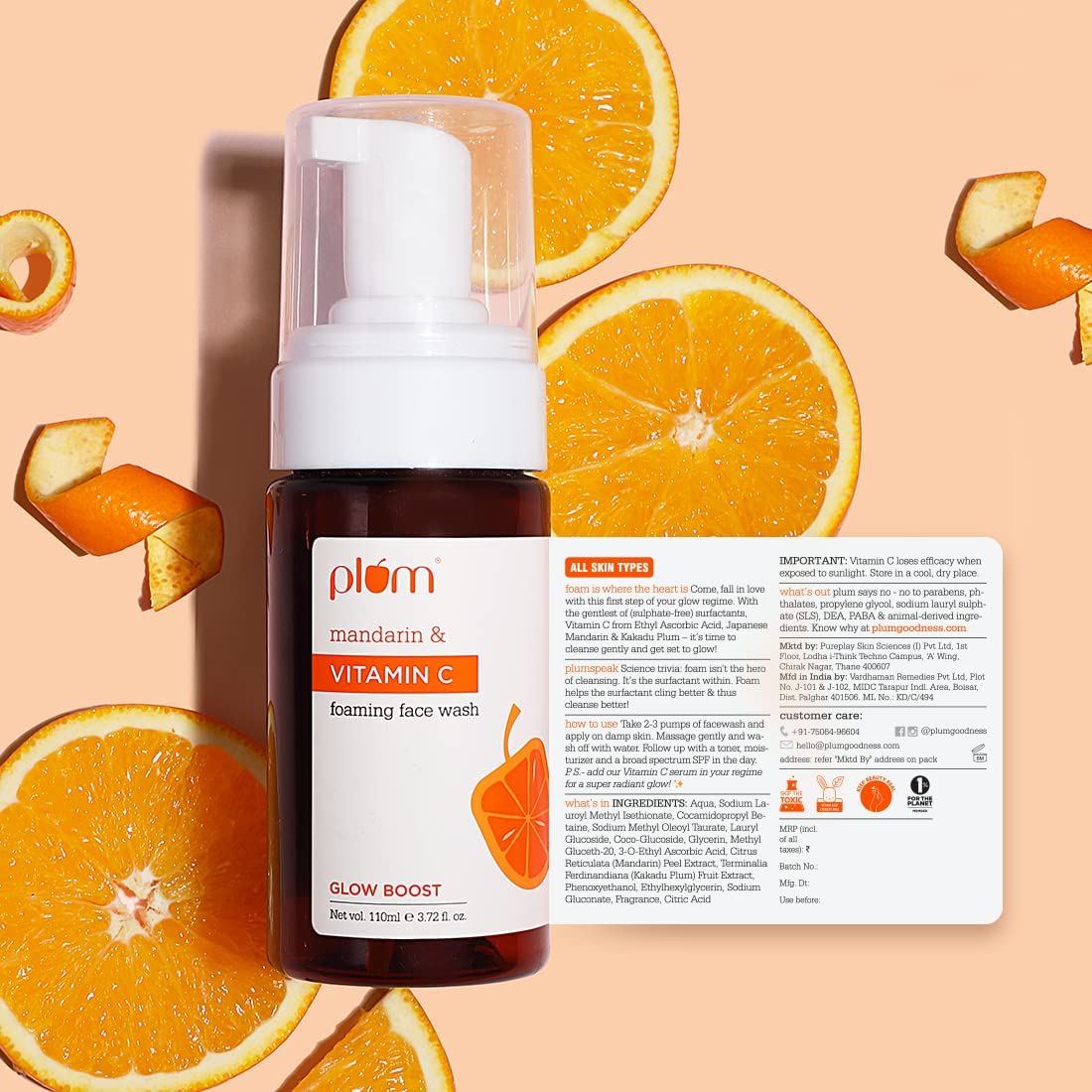 Plum Vitamin C Foaming Face Wash with Mandarin | For Glowing Skin | For Gentle Cleansing | For Hyperpigmentation & Dull Skin | Sulphate-Free | 100% Vegan 110ML, Transparent