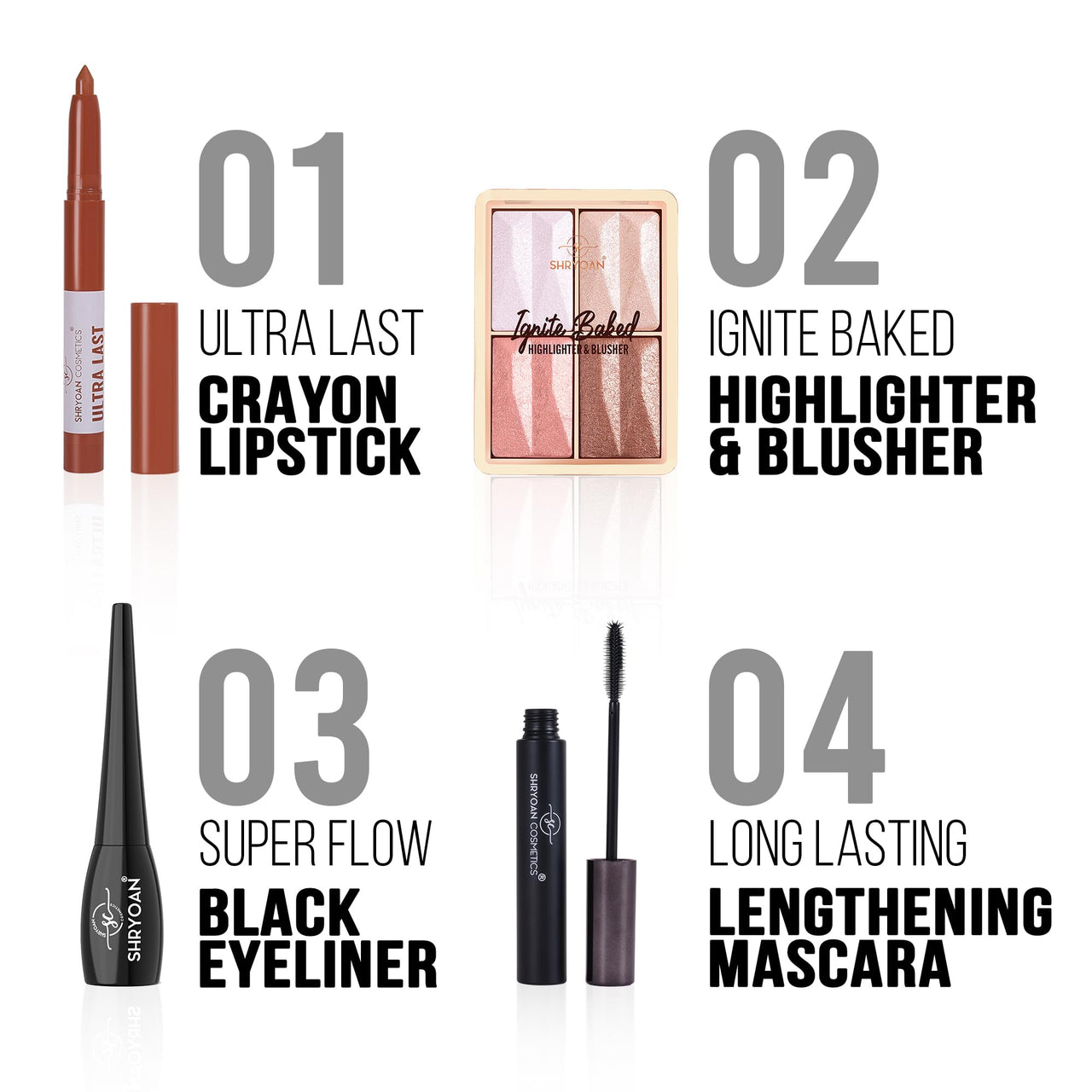 SHRYOAN Makeup Combo Set | Mascara, Eye-Liner, Matte Lipstick & Highlighter Combo Face Kit | Long Lasting, For All Skin Types | 100% Vegan & Cruelty-Free (4 Items Makeup Combo in the One Set)