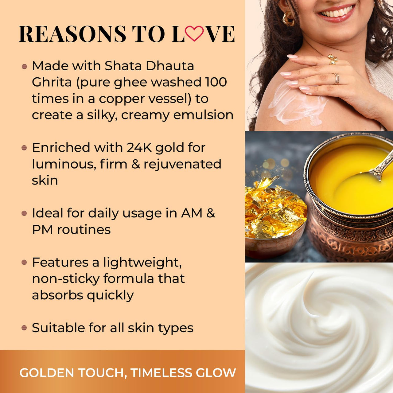 Just Herbs 24K Gold with Pure Ghee Deep Nourish Body Butter Cream for Anti Ageing | Improve Skin Elasticity | Reduce Dullness & Blemishes | Non Sticky | Instant Hydration All Skin Types Moisturiser for Men and Women 250ml