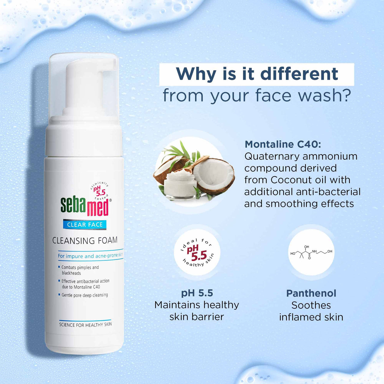 Sebamed Clear Face Cleansing Foam| pH 5.5 | Combats pimples with Montaline C40 | Deep pore cleansing | Dermatologically & clinically tested | 50ml