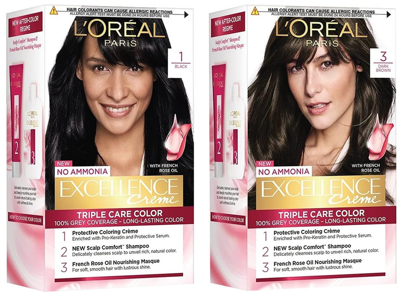 L'OREAL PARIS Excellence Creme Hair Color, 3 Dark Brown/Natural Darkest Brown, 72ml+100g & L'Oréal Paris Excellence Creme Hair Color, 1 Black, 72ml+100g