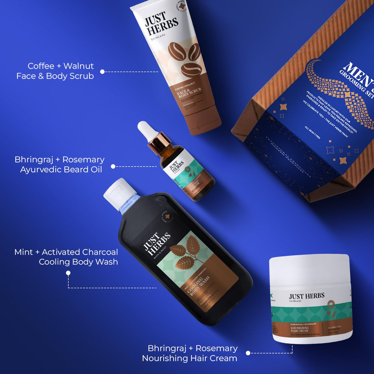 Just Herbs Grooming Kit for Men - Face and Body Scrub, Charcoal Body Wash, Rosemary Beard Oil & Hair Serum Combo Set