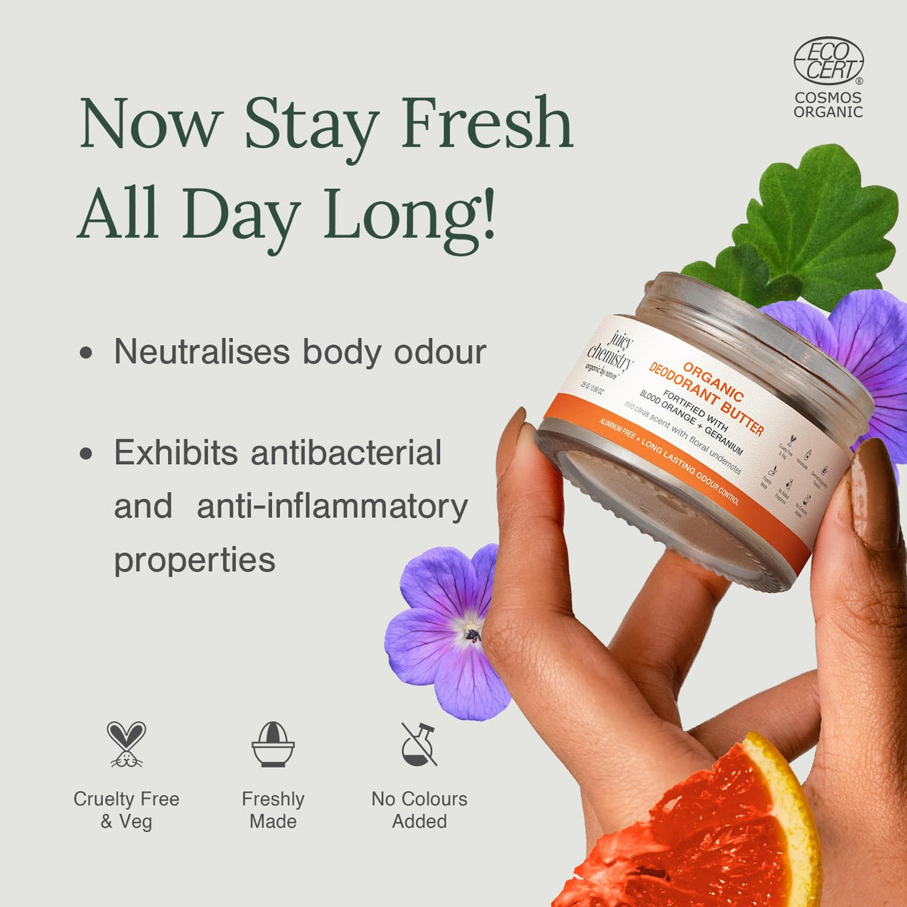 Juicy Chemistry Blood Orange & Geranium Organic Deodorant Jar, 25 g | Deo for Women & Men | Brightening Deodorant Jar & Body Perfume | Reduces Pigmentation | Long Lasting Citrus Fragrance | Safe for Sensitive Skin