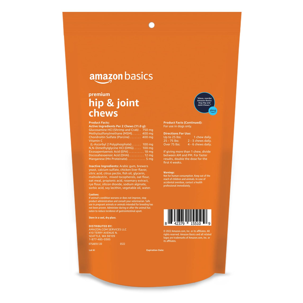 Basics Premium Dog Hip & Joint Supplement Chews with EPA and DHA, Chicken Liver Flavor, 120 Count (Previously Solimo) 120 Count (Pack of 1)