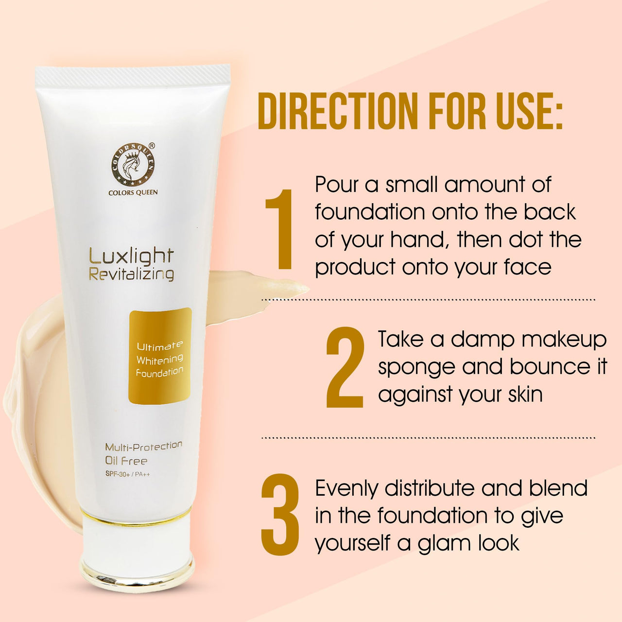 Colors Queen luxlight Revitalizing foundation| Oil Free Multi Protection Foundation Comes With SPF-30+ and PA+++ which Provides Non Sticky and Matte Finish |waterproof foundation Long Lasting (Beige)
