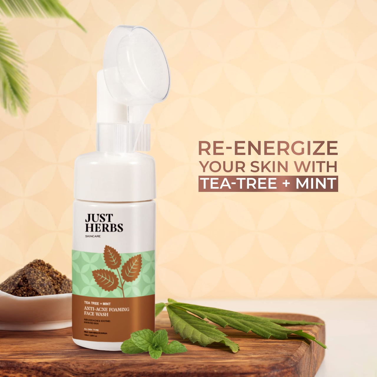 Just Herbs Anti Acne Foaming Face Wash Men Women With Tea Tree and Mint for Oil Control, Glowing Skin Brush - 100ml & Just Herbs Skin-Rejuvenating Ayurvedic Face Wash Cleanser - 100 ML Combo