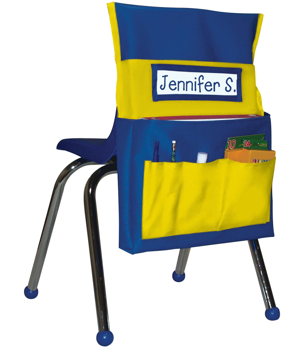 Carson Dellosa 15" W x 19" H Canvas Blue and Yellow Chairback Buddy Pocket Chart, Classroom Chair Organizer, Classroom Chair Storage with 6 Chair Pockets and Student Name Tag, Seat Storage Organizer 1 pack Blue & Yellow