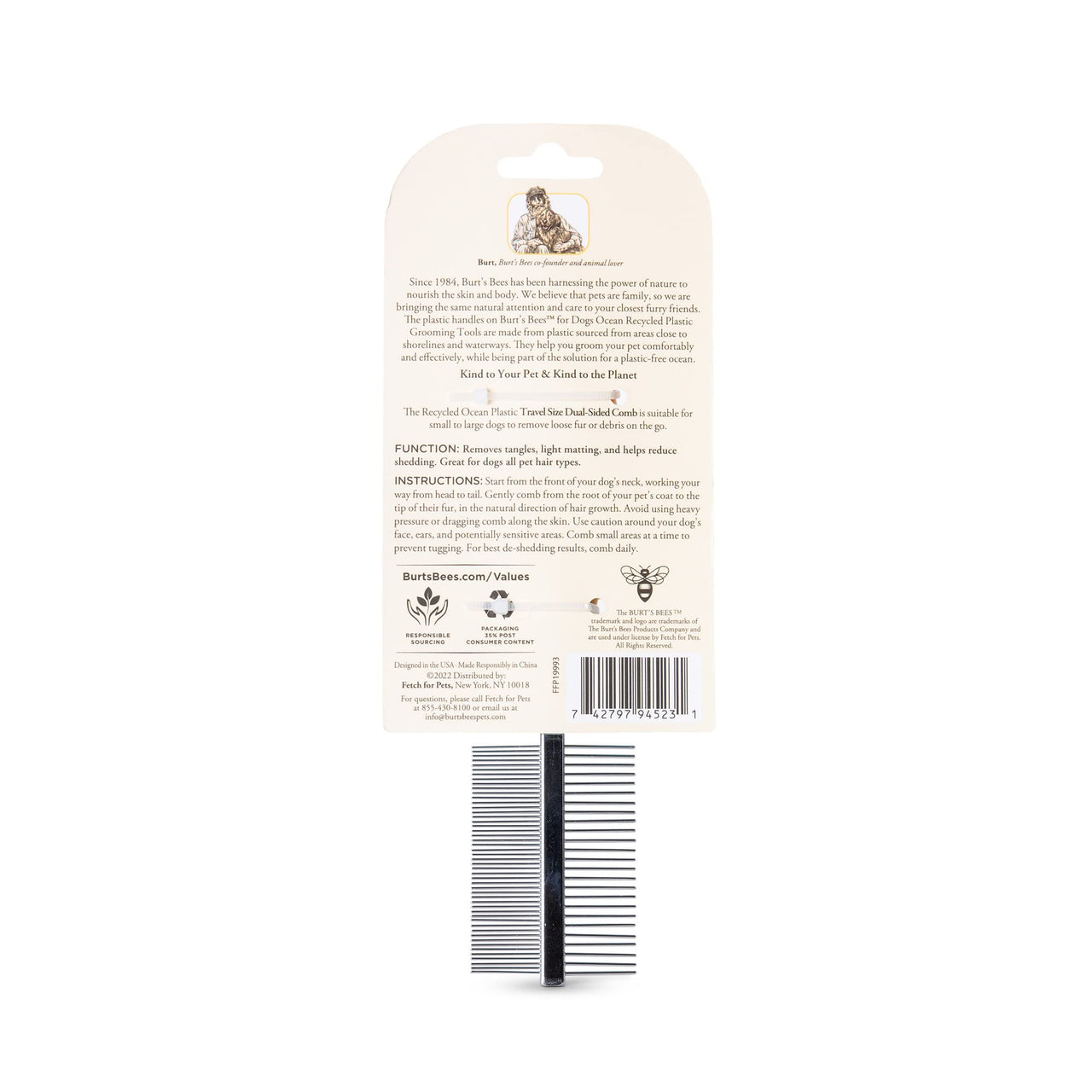 Burt's  Bees for Pets Dual Sided Flea Comb with Handle Made from Recycled Plastics Collected from Coastal Communities | 2-in-1 Grooming Tool for Dogs | Dog Comb Removes Fleas & Flea Eggs