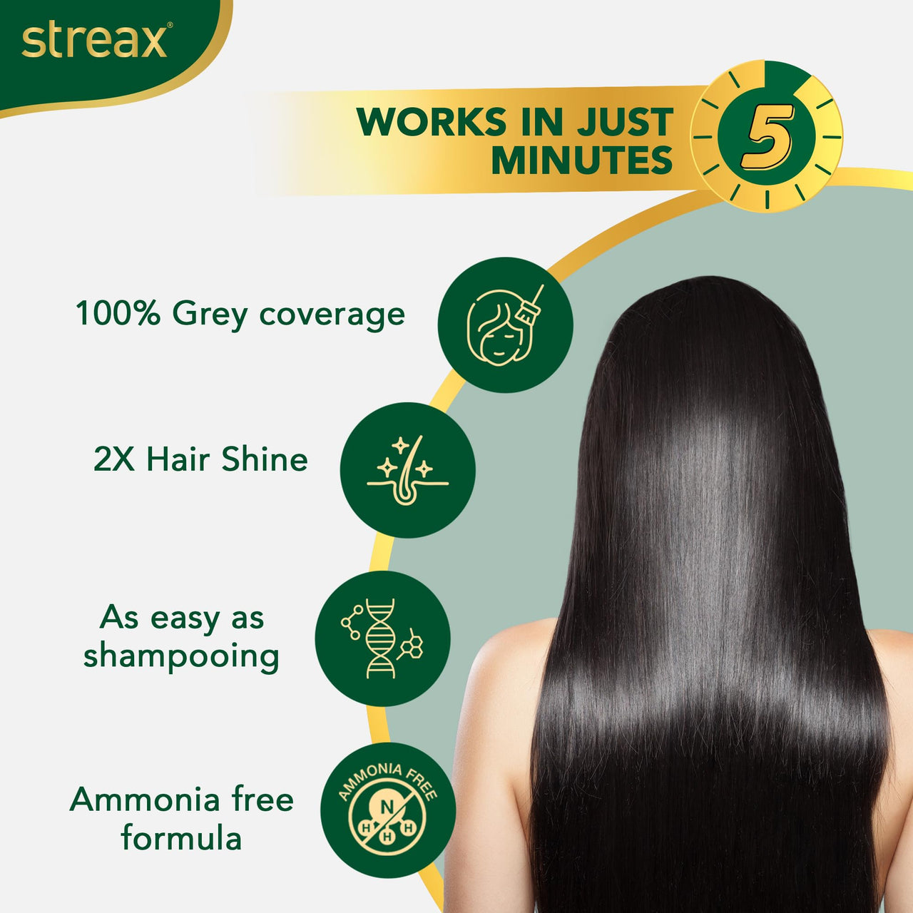 Streax Insta Shampoo Hair Colour for Women & Men, Natural Black 1 - Pack of 5|Hair Colour Black|100% grey coverage |Long Lasting Hair Color, easy to use| Ammonia Free Hair Color, No Paraben & Sulphate