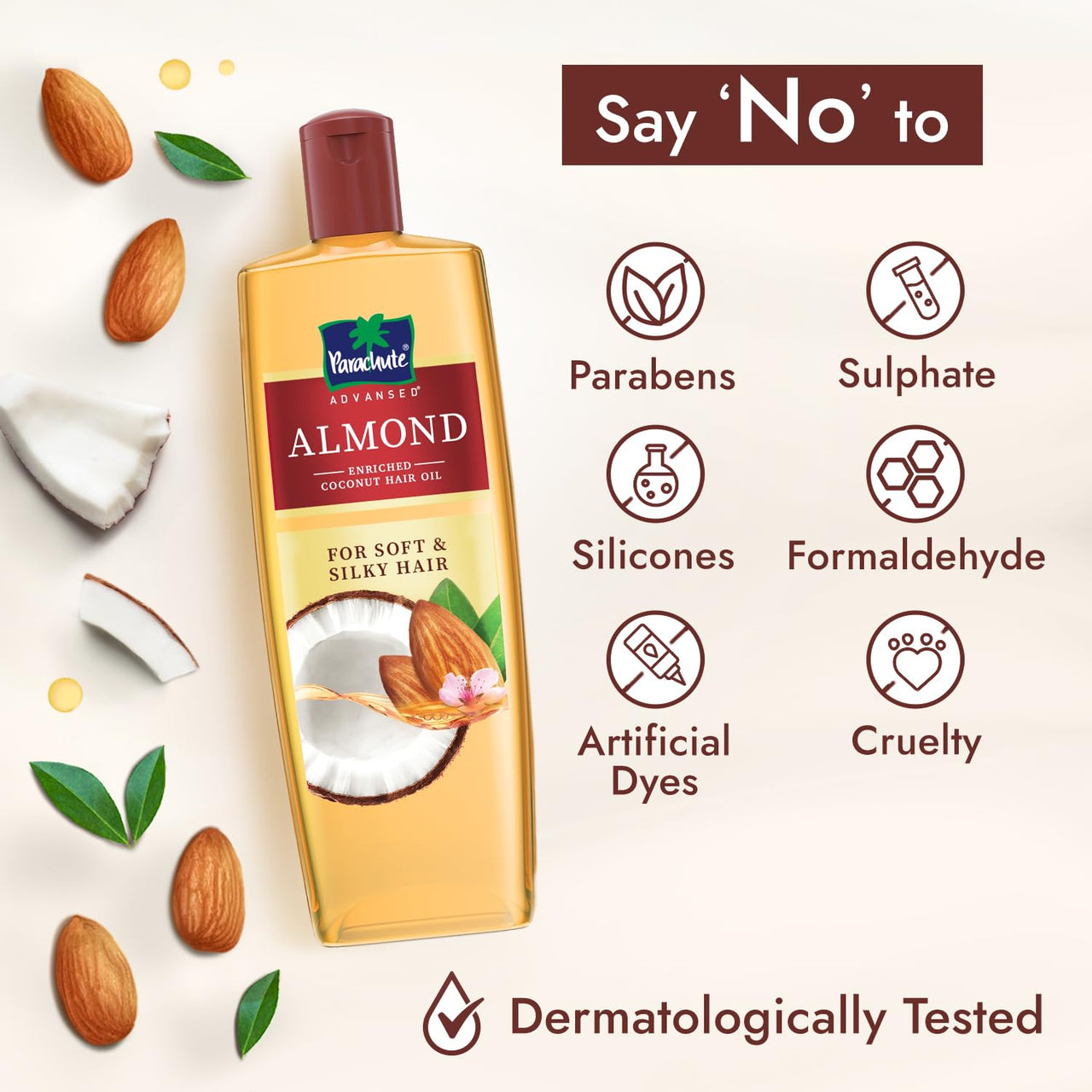 Parachute Advansed Almond enriched Coconut Hair Oil with Vitamin E 300ml|Nourishes & Softens Hair | Helps Control Hair Fall| Helps Promotes Hair Growth | Up to 2x Softer Hair|Non-Sticky Formula| Dermatologically-Tested Hair Oil | For Men & Women