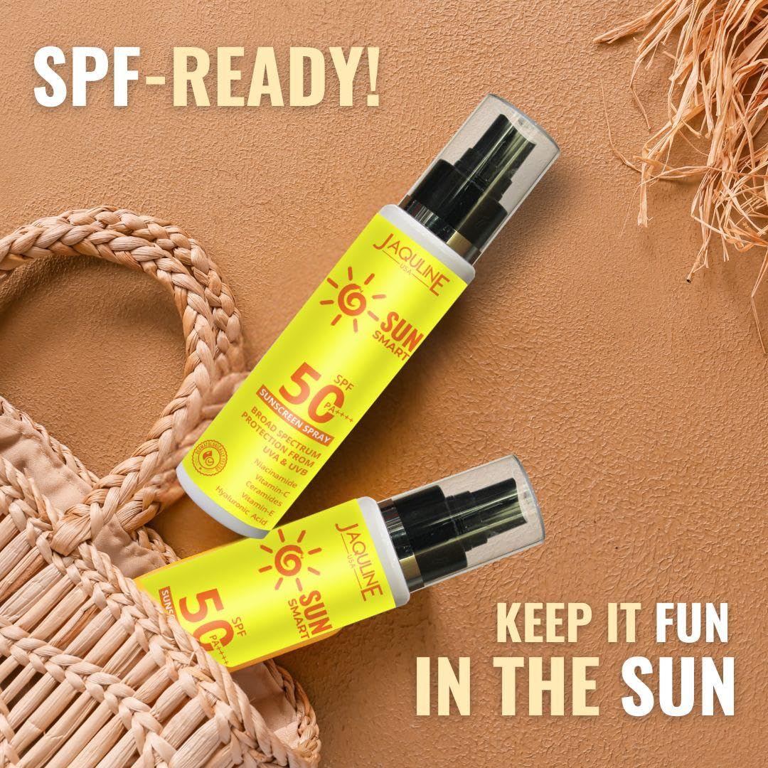Jaquline USA Sun Smart Sunscreen Spray SPF 50 PA++++ | Dermatologically Tested | Lightweight with Multi-Vitamins | No White Cast | Blue Light Protection | Benzophenone Free |Broad Spectrum | For Women & Men | 100ml