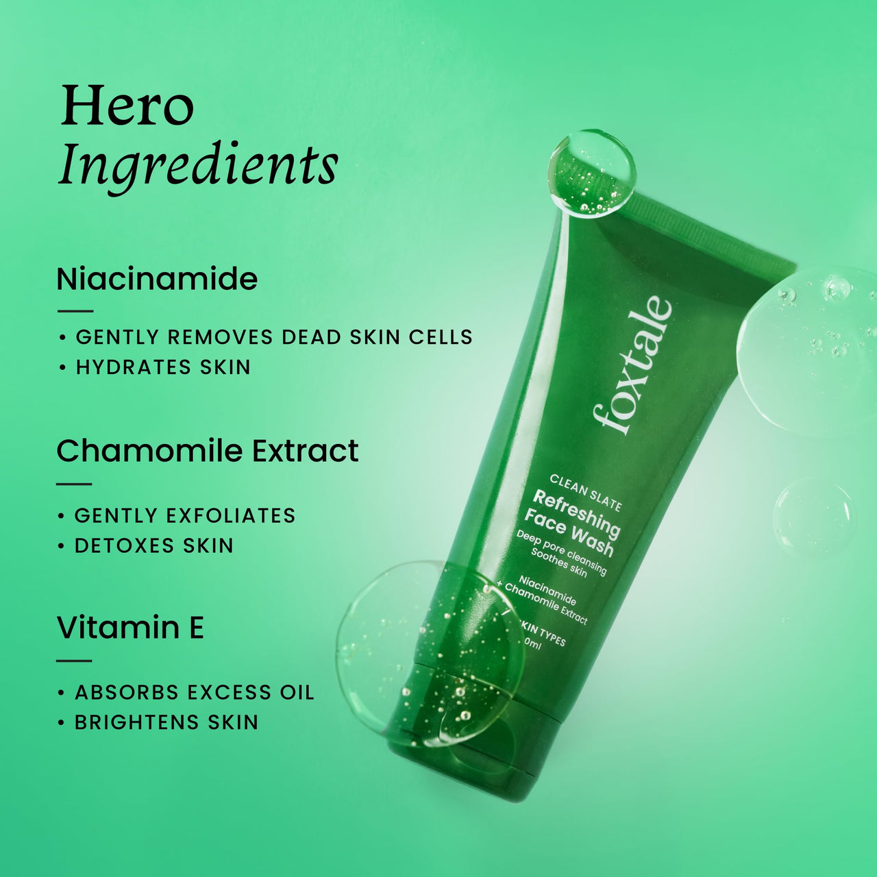 Foxtale Refreshing Face Wash for Deep Cleansing with Niacinamide, Hydrates & Brightens, Non-Drying Cleanser for Glowing Skin, Men & Women, For All Skin Types - 100 ml