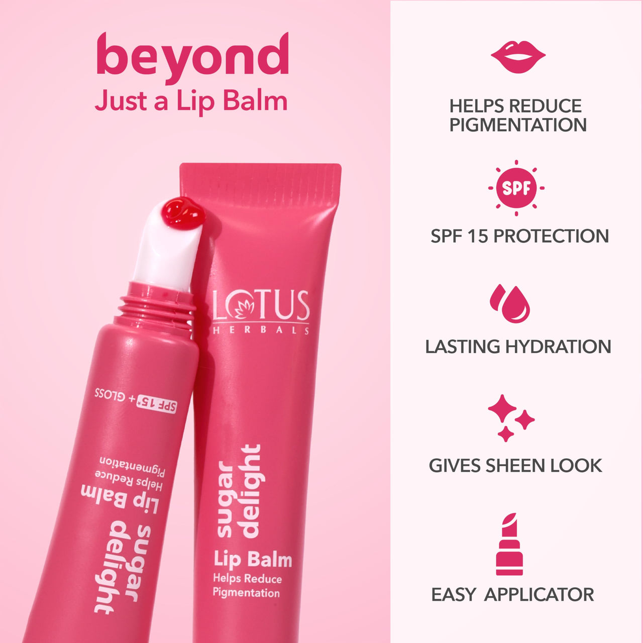 Lotus Herbals Sugar Delight Lip Balm With Spf 15 For Dry And Chapped Lips, Reduces Pigmentation, Moisturises Deeply, Glossy Finish, With Ceramides And Vitamin E, Pink Tint, Fruity Scent,(Pink, 10Gm)