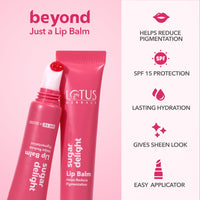 Lotus Herbals Sugar Delight Lip Balm With Spf 15 For Dry And Chapped Lips, Reduces Pigmentation, Moisturises Deeply, Glossy Finish, With Ceramides And Vitamin E, Pink Tint, Fruity Scent,(Pink, 10Gm)