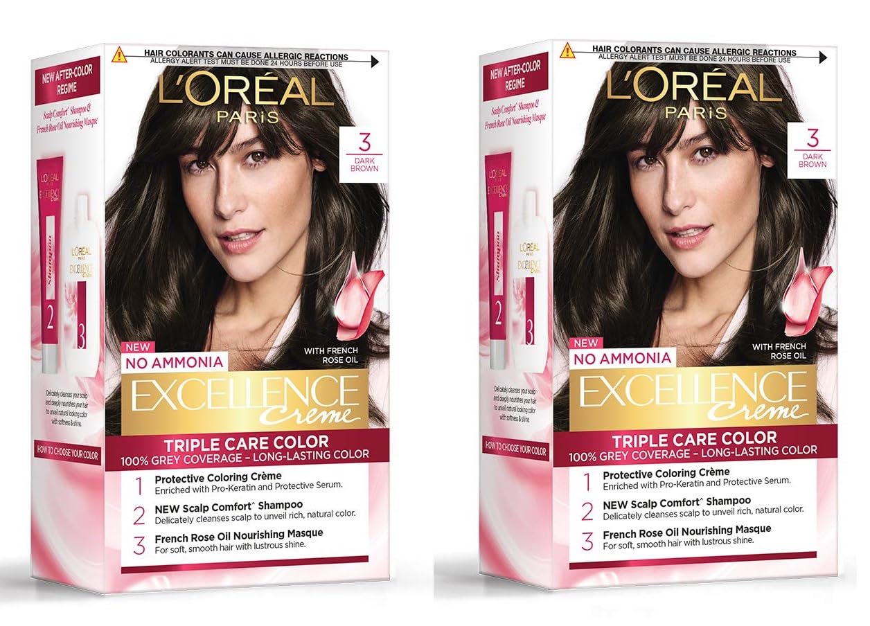 L Oréal Paris Excellence Creme Hair Color, 3 Dark Brown, (72ml+100g) (PACK OF 2)