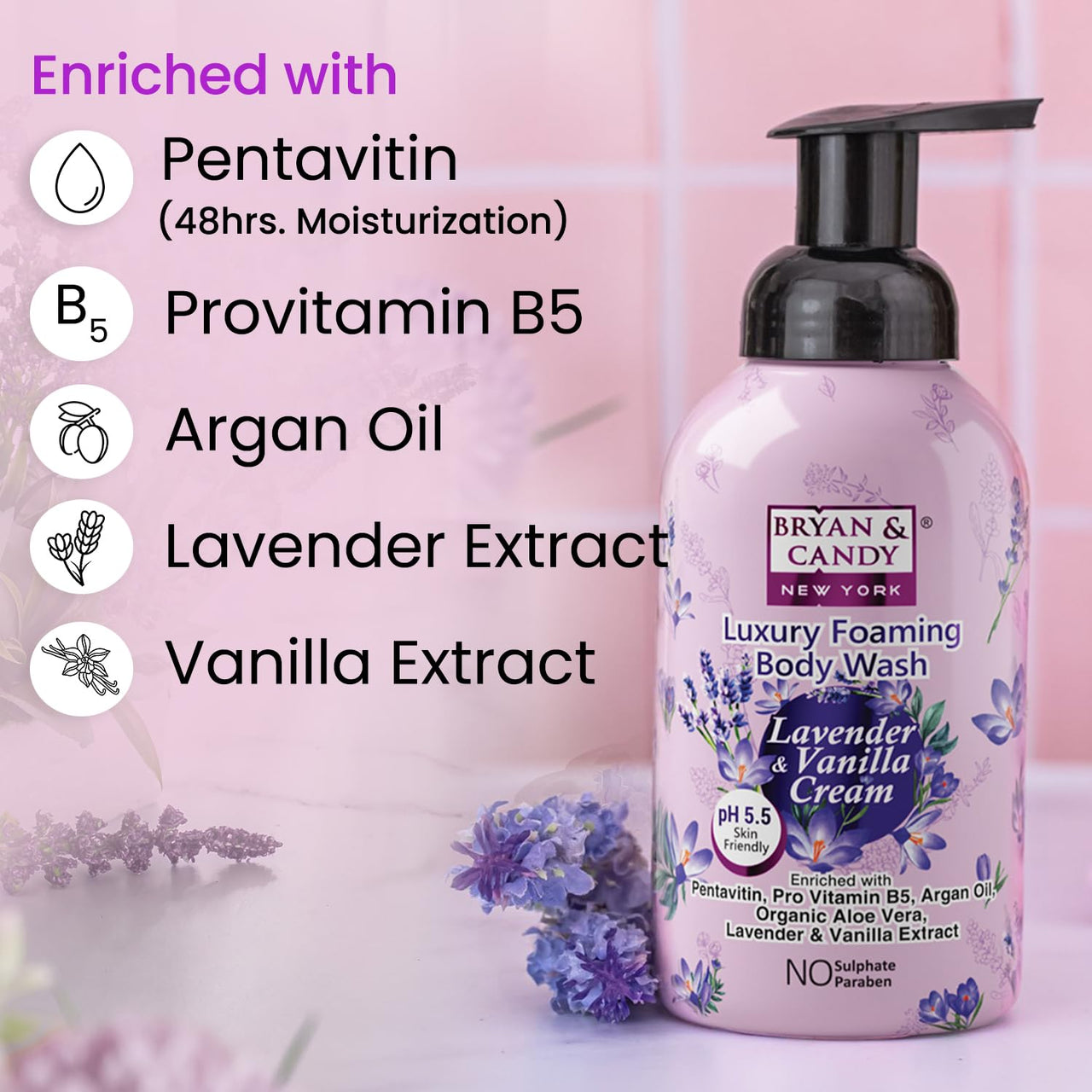 Bryan & Candy Luxury Foaming Body Wash with Pentavitin,Pro Vit B5,Argan Oil,Aloe Vera, Skin Friendly pH 5.5, All Skin Types, 400 Ml (Lavender & Vanilla)