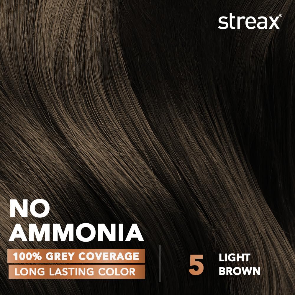 Streax Crème Permanent Hair Colour - 5 Light Brown Hair Color- 140 ml, 100% Grey coverage, Ammonia Free Hair Color, Long Lasting Hair colour for women(Colourant Tube 60g,Developer Bottle 60ml,Conditioner 20g)