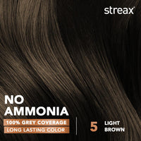 Streax Crème Permanent Hair Colour - 5 Light Brown Hair Color- 140 ml, 100% Grey coverage, Ammonia Free Hair Color, Long Lasting Hair colour for women(Colourant Tube 60g,Developer Bottle 60ml,Conditioner 20g)