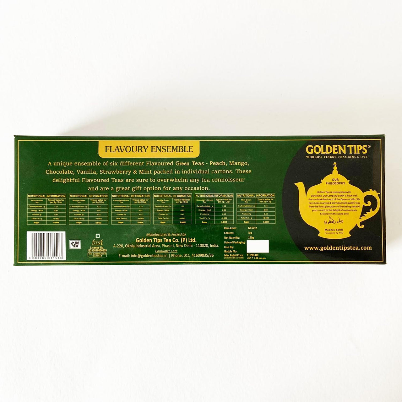 Golden Tips Flavoured Green Teas Gift Box, 6 Flavors - Peach, Mango, Chocolate, Vanilla, Strawberry & Mint (150g- 75 Cups)