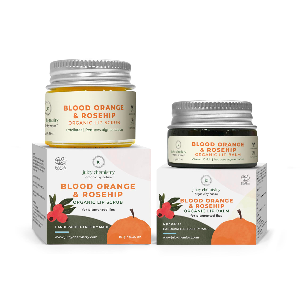Juicy Chemistry Iconic Lip Duo Kit - Blood Orange & Rosehip Lip Balm, 5 g & Blood Orange & Rosehip Lip Scrub, 10 g | Enriched with Natural Ceramides to Exfoliate, Hydrate & Moisturise Lips