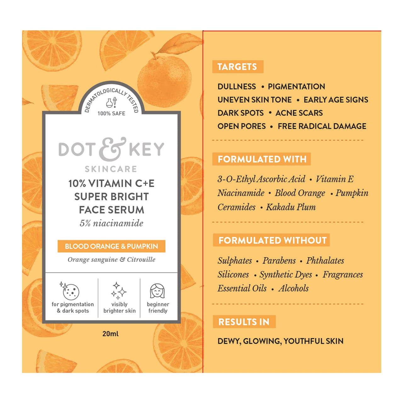 Dot & Key 10% Vitamin C + E, 5% Niacinamide Serum | Vitamin C Serum For Glowing Skin | Fades Dark Spots | Vit C Serum with Blood Orange & Pumpkin | For Uneven & Dull Skin | For All Skin Types | 20ml
