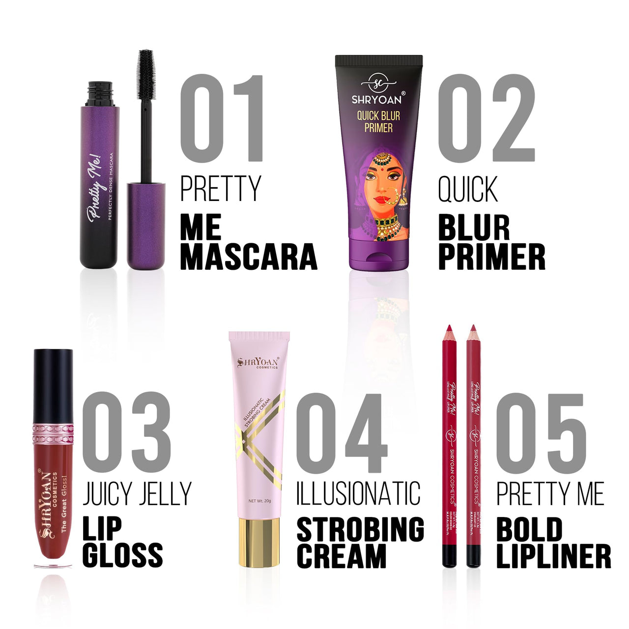 SHRYOAN Makeup Combo Set | Strobing Cream, Primer, Lip-Liner, Liquid Lipstick & Mascara Combo | Long Lasting, For All Skin Types | 100% Vegan & Cruelty-Free (5 Items Makeup Combo in the One Set)